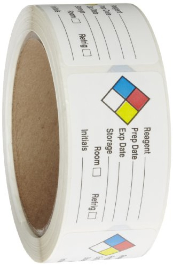 Roll Products 163-0014 Litho Removable Adhesive HMIG Label with 4 Color Imprint, Reagent Name (with blank), White (Roll of 250)