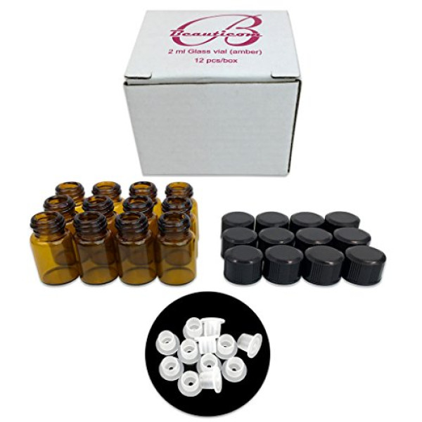36 Pack Beauticom 2ML (5/8 Dram) Amber Glass Vial for Lab Chemicals, Reagents and Other Liquids with Orifice Reducer and Dropper Top