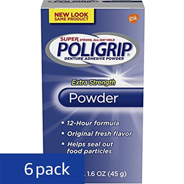 Super Poligrip Extra Strength Denture Adhesive Powder, 1.6 ounce (Pack of 6)