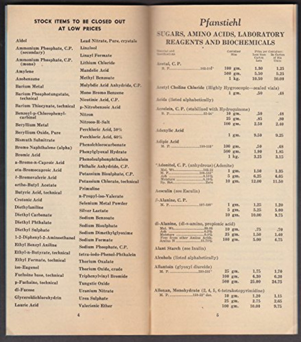 Pfanstiehl Chemicals Price List 1941 sugars amino acids reagents biochemicals