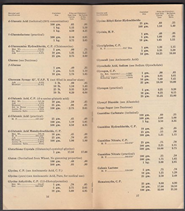 Pfanstiehl Chemicals Price List 1941 sugars amino acids reagents biochemicals