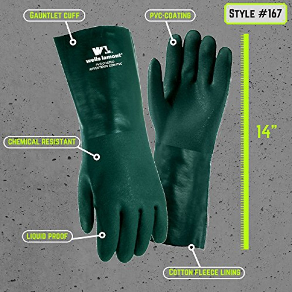 Chemical Resistant Gloves 14 in, PVC Coated Gloves, Cotton Fleece Lining, (Wells Lamont 167L)