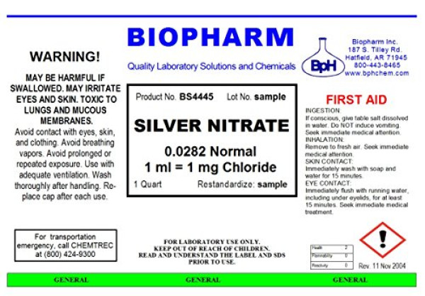 Silver Nitrate 0.0282 Normal Standard Solution 1ml = 1mg Chloride for Chloride Assay