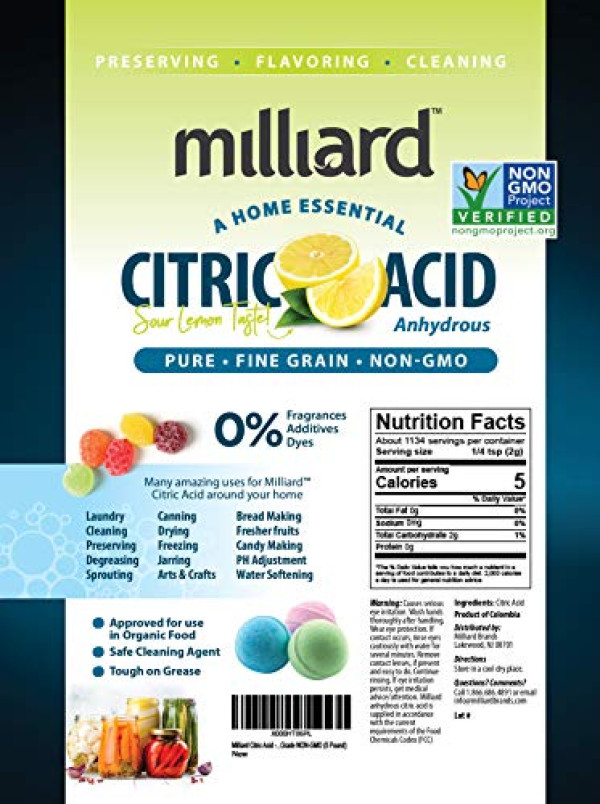 Milliard Citric Acid 5 Pound - 100% Pure Food Grade NON-GMO, 5 Pound