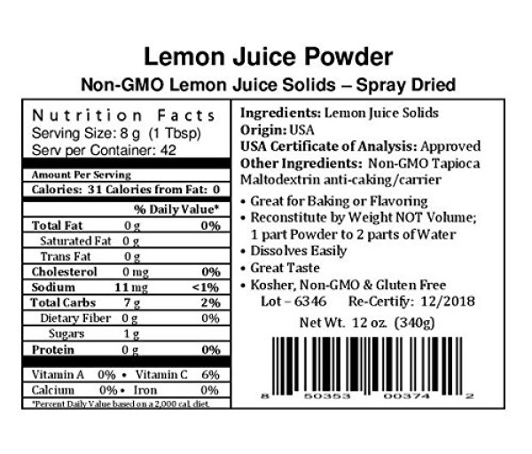 Lemon Juice Powder - Natural Spray Dried & Unsweetened, Lemon Juice - Reconstitute Ratio 1:2, 12 oz