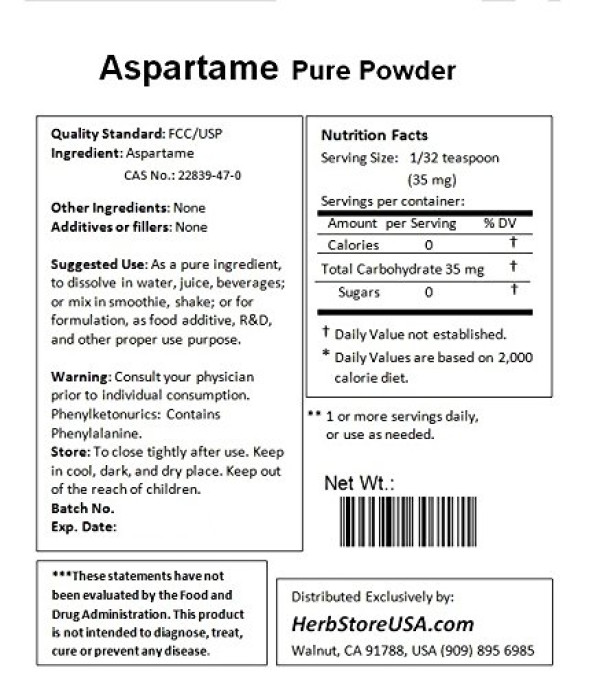 NuSci Aspartame Pure Powder 227 grams (8.0 oz) Low Calorie Sweetener