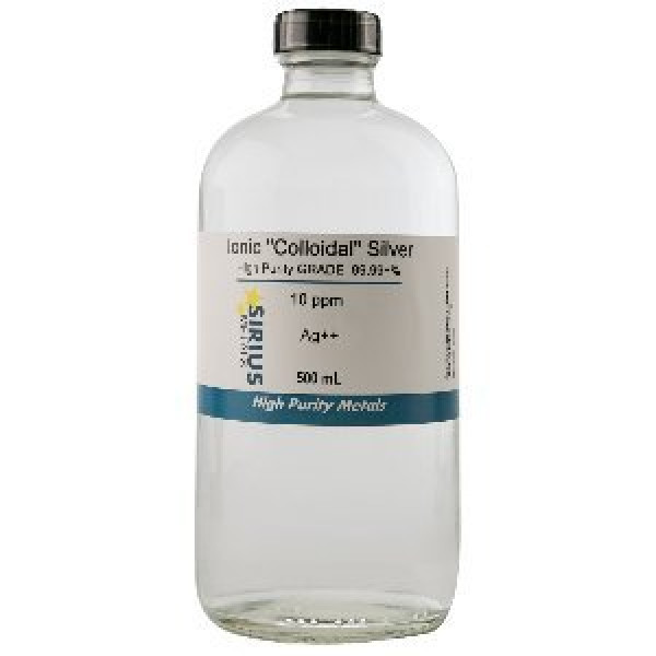 Ionic Silver 500mL of 10ppm in a glass bottle