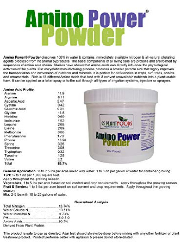 Amino Power Powder, All Natural nitrogen Source and chelating Agent 14-0-0 Amino Acid Powder, 1 Lb