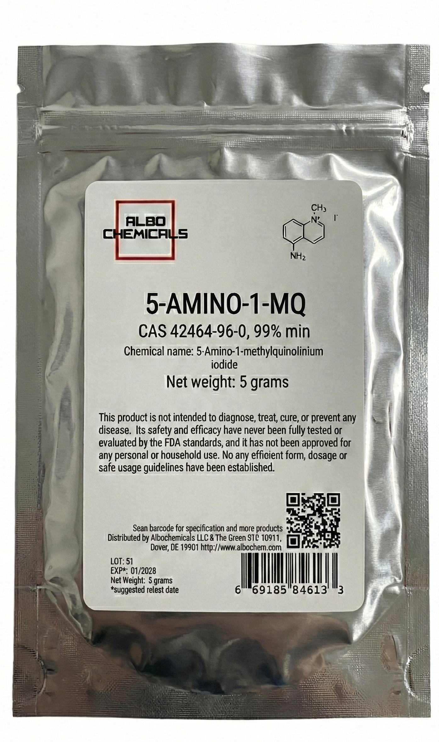 5-Amino-1-methylquinolinium Iodide Powder (5-amino-1MQ), CAS 42464-96-0, 5 grams