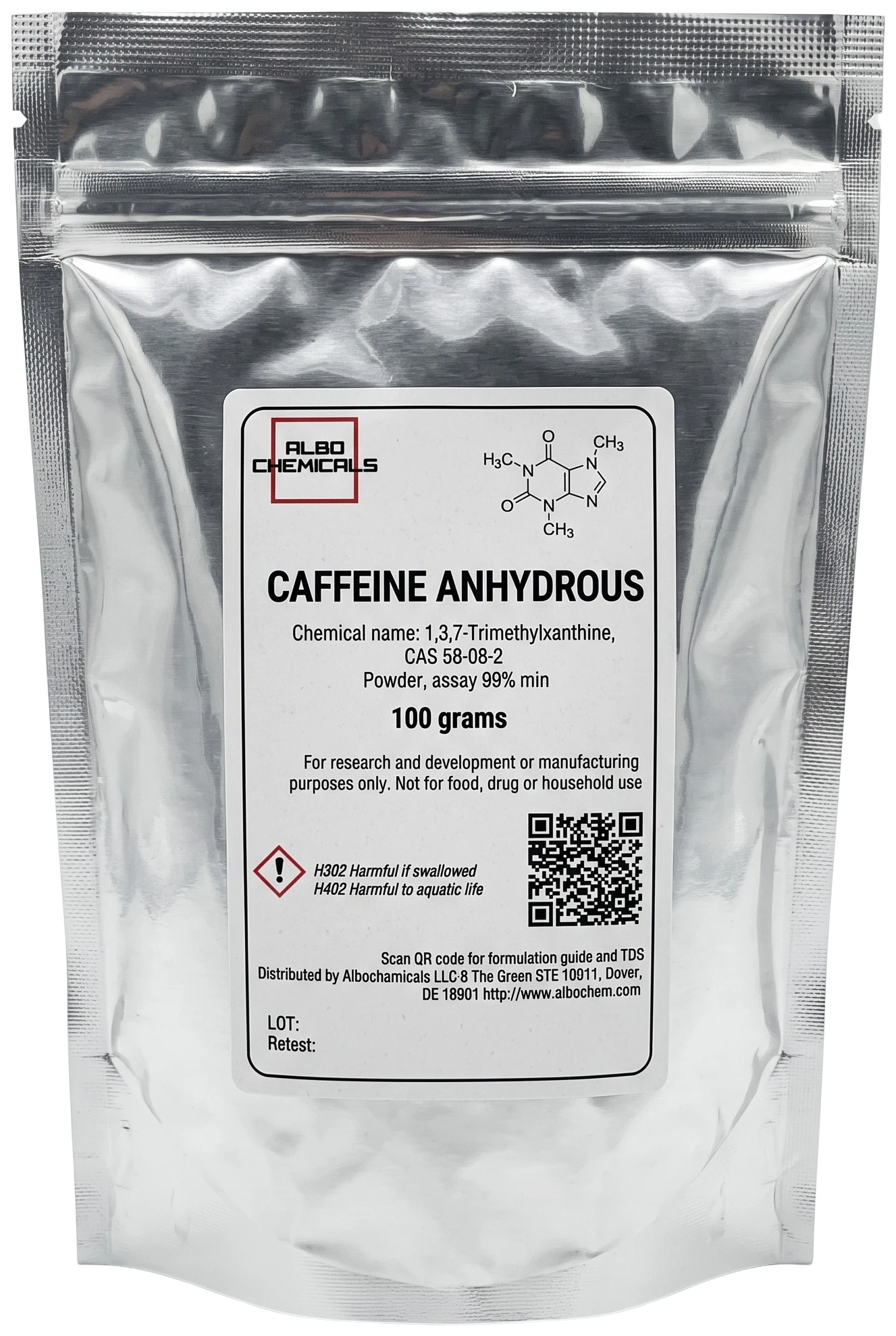 Caffeine Anhydrous, 100 grams