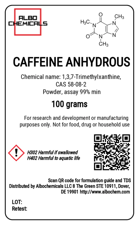 Caffeine Anhydrous, 100 grams label